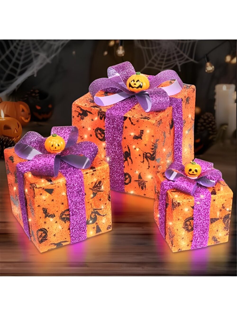 3 Pieces Lighted Boxes Halloween Decorations, Lighted Gift Boxes with